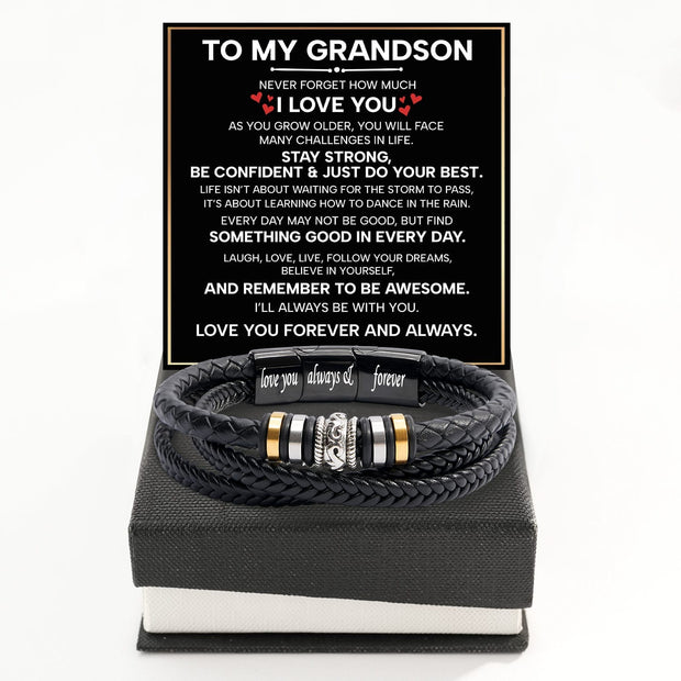 To My Grandson Bracelet With Heartfelt Message - Unique Jewelry For Men - Forever And Always