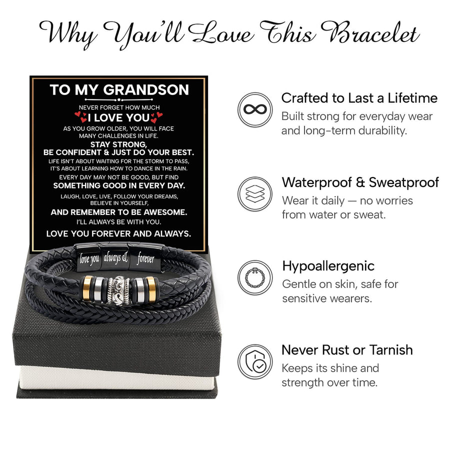 To My Grandson Bracelet With Heartfelt Message - Unique Jewelry For Men - Forever And Always