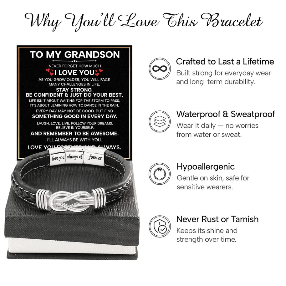 To My Grandson Linked Together Bracelet With Heartfelt Message - Unique Jewelry For Men - Forever And Always