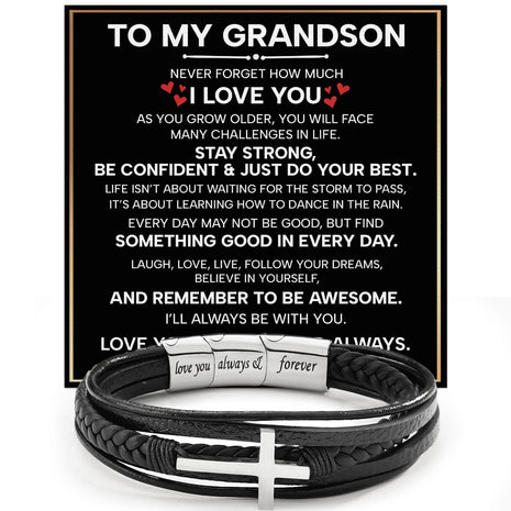 To My Grandson Cross Bracelet With Heartfelt Message - Unique Jewelry For Men - Forever And Always