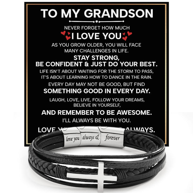To My Grandson Cross Bracelet With Heartfelt Message - Unique Jewelry For Men - Forever And Always