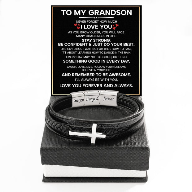 To My Grandson Cross Bracelet With Heartfelt Message - Unique Jewelry For Men - Forever And Always
