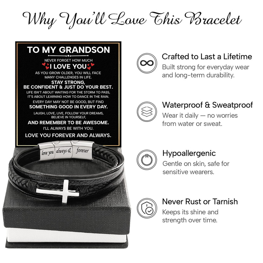To My Grandson Cross Bracelet With Heartfelt Message - Unique Jewelry For Men - Forever And Always