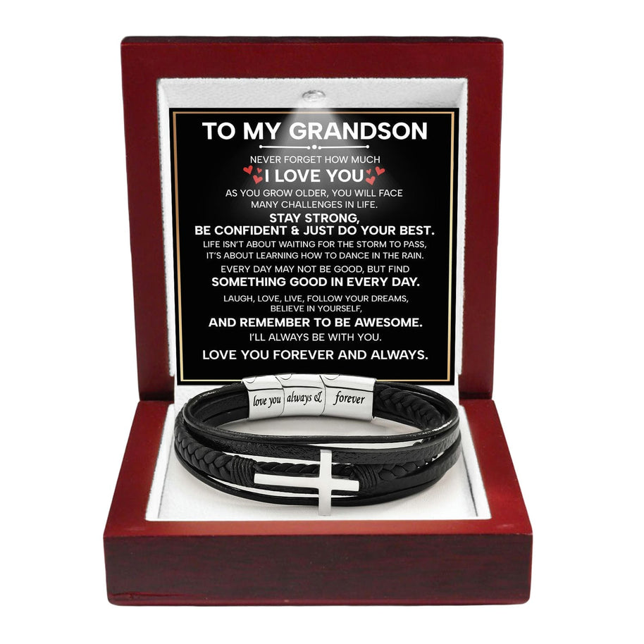 To My Grandson Cross Bracelet With Heartfelt Message - Unique Jewelry For Men - Forever And Always