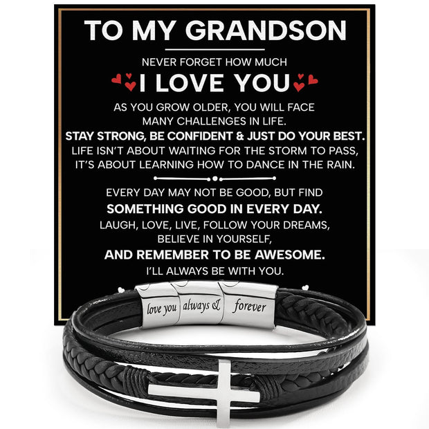 To My Grandson Cross Bracelet With Heartfelt Message - Unique Jewelry For Men - Just Do Your Best