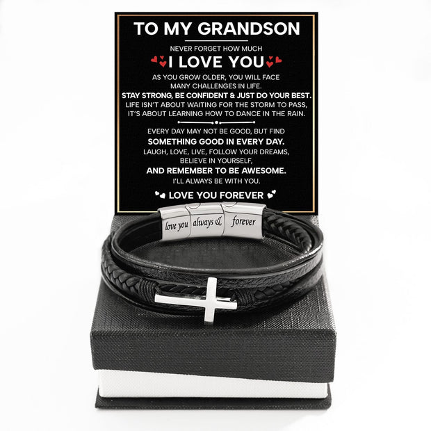 To My Grandson Cross Bracelet With Heartfelt Message - Unique Jewelry For Men - Just Do Your Best