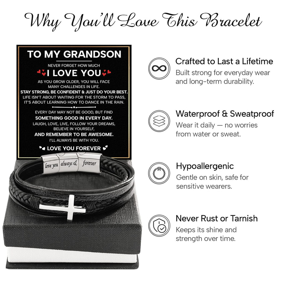 To My Grandson Cross Bracelet With Heartfelt Message - Unique Jewelry For Men - Just Do Your Best
