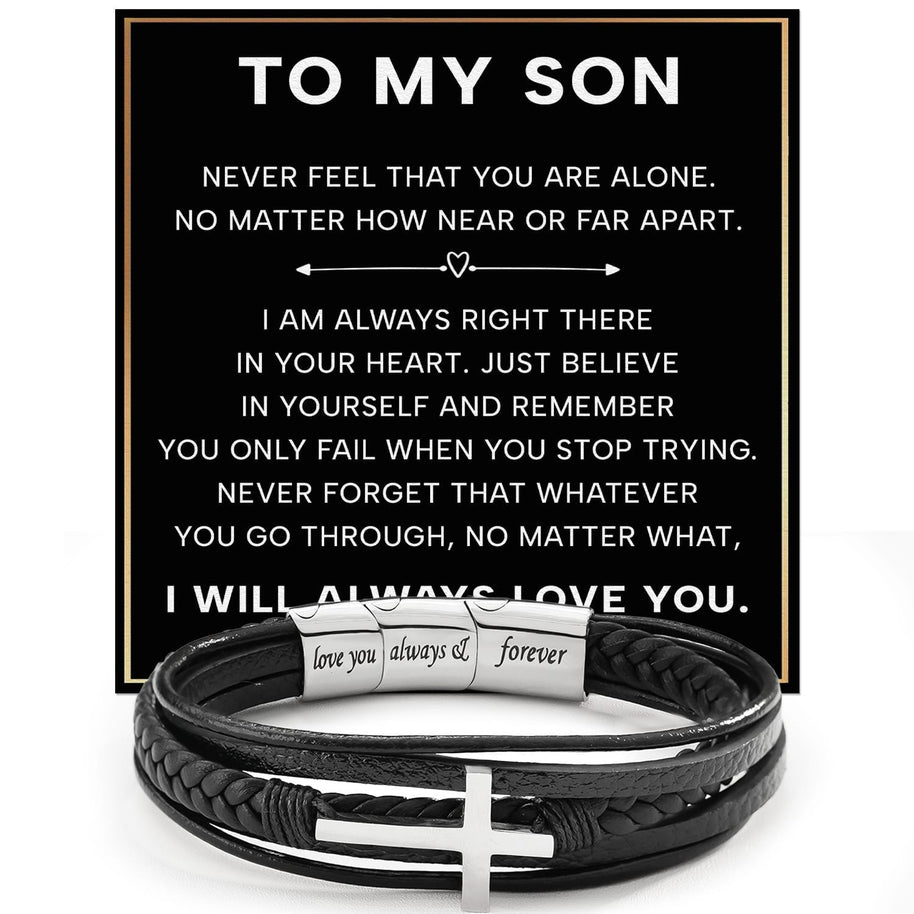 To My Son Cross Bracelet With Heartfelt Message - Unique Jewelry For Men - Always Right There
