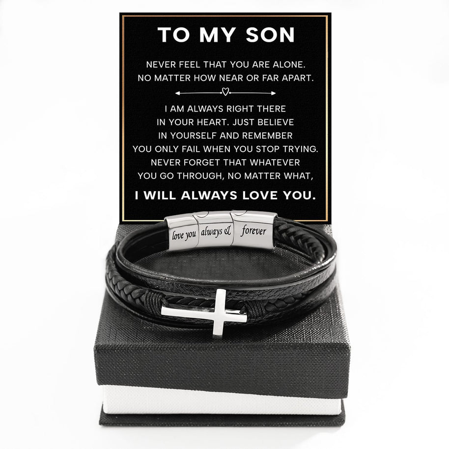 To My Son Cross Bracelet With Heartfelt Message - Unique Jewelry For Men - Always Right There