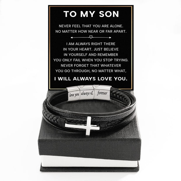 To My Son Cross Bracelet With Heartfelt Message - Unique Jewelry For Men - Always Right There