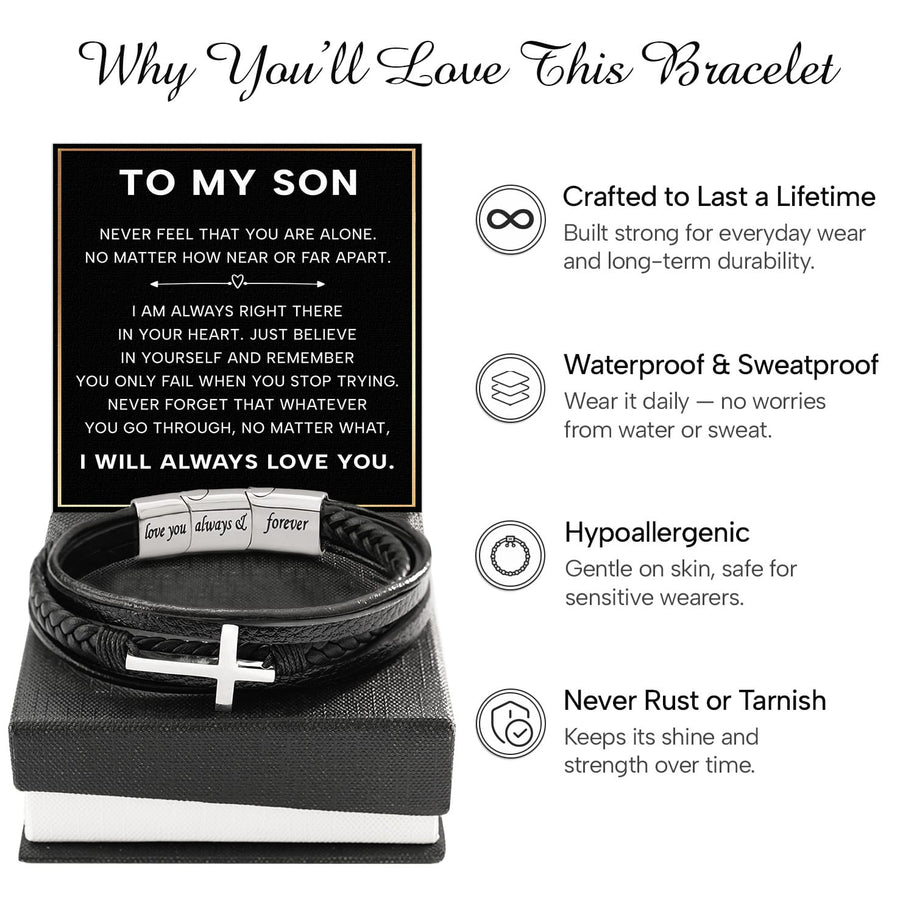 To My Son Cross Bracelet With Heartfelt Message - Unique Jewelry For Men - Always Right There