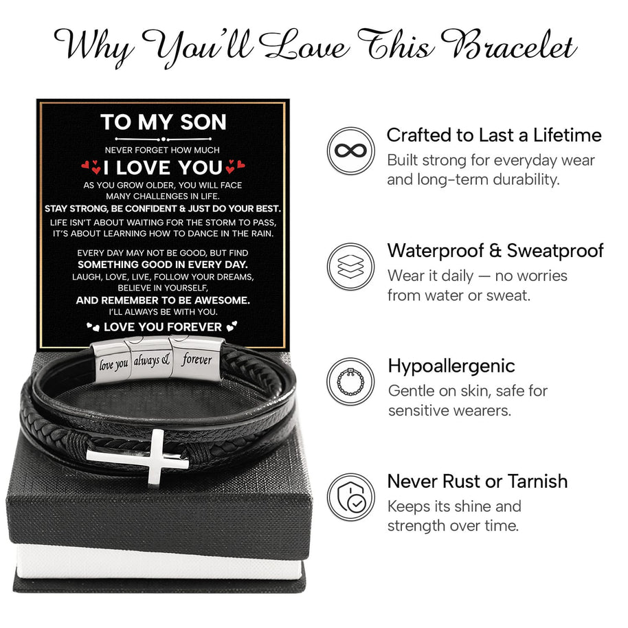 To My Son Cross Bracelet With Heartfelt Message - Unique Jewelry For Men - Be Confident